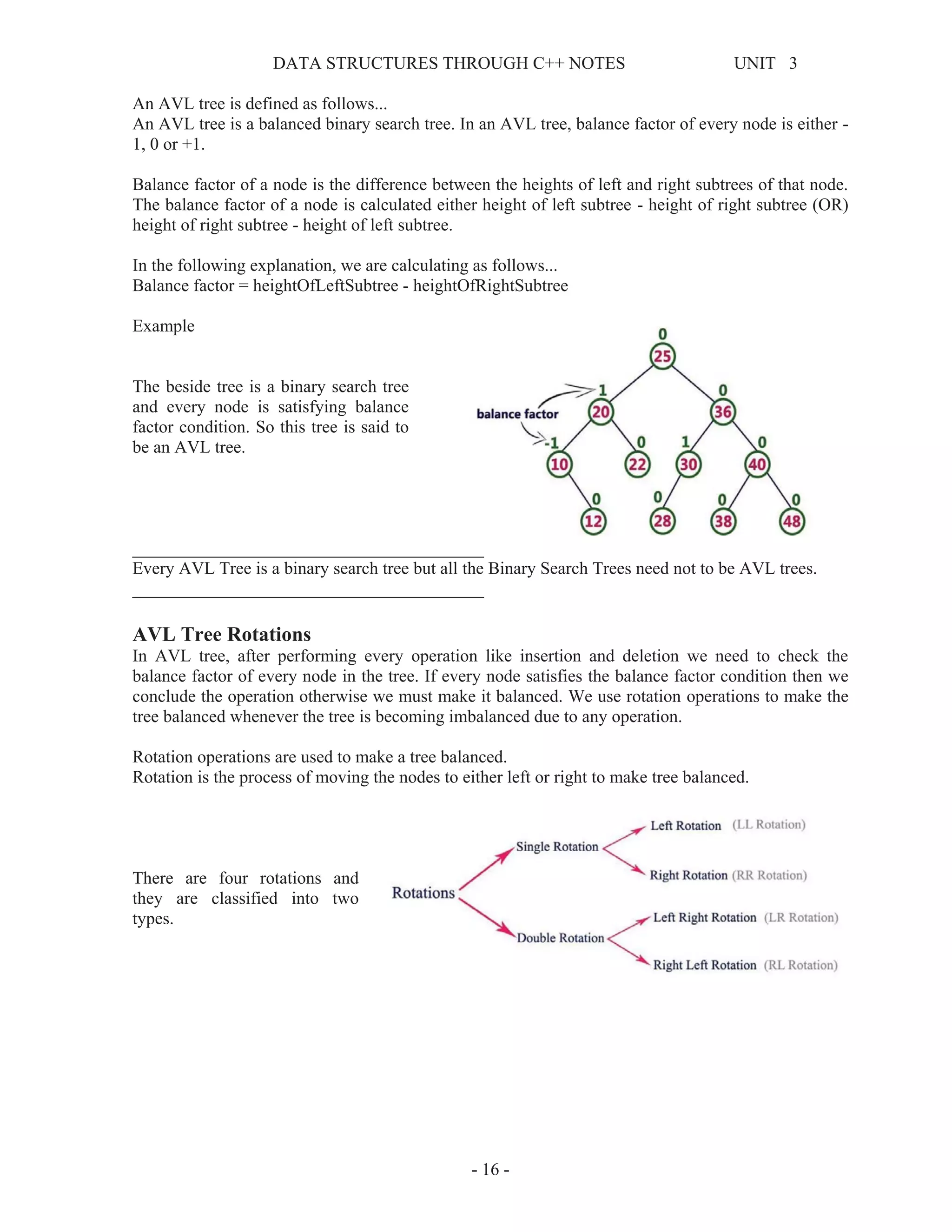 DATA STRUCTURES THROUGH C++ NOTES UNIT 3
- 16 -
An AVL tree is defined as follows...
An AVL tree is a balanced binary search tree. In an AVL tree, balance factor of every node is either -
1, 0 or +1.
Balance factor of a node is the difference between the heights of left and right subtrees of that node.
The balance factor of a node is calculated either height of left subtree - height of right subtree (OR)
height of right subtree - height of left subtree.
In the following explanation, we are calculating as follows...
Balance factor = heightOfLeftSubtree - heightOfRightSubtree
Example
The beside tree is a binary search tree
and every node is satisfying balance
factor condition. So this tree is said to
be an AVL tree.
________________________________________
Every AVL Tree is a binary search tree but all the Binary Search Trees need not to be AVL trees.
________________________________________
AVL Tree Rotations
In AVL tree, after performing every operation like insertion and deletion we need to check the
balance factor of every node in the tree. If every node satisfies the balance factor condition then we
conclude the operation otherwise we must make it balanced. We use rotation operations to make the
tree balanced whenever the tree is becoming imbalanced due to any operation.
Rotation operations are used to make a tree balanced.
Rotation is the process of moving the nodes to either left or right to make tree balanced.
There are four rotations and
they are classified into two
types.
 