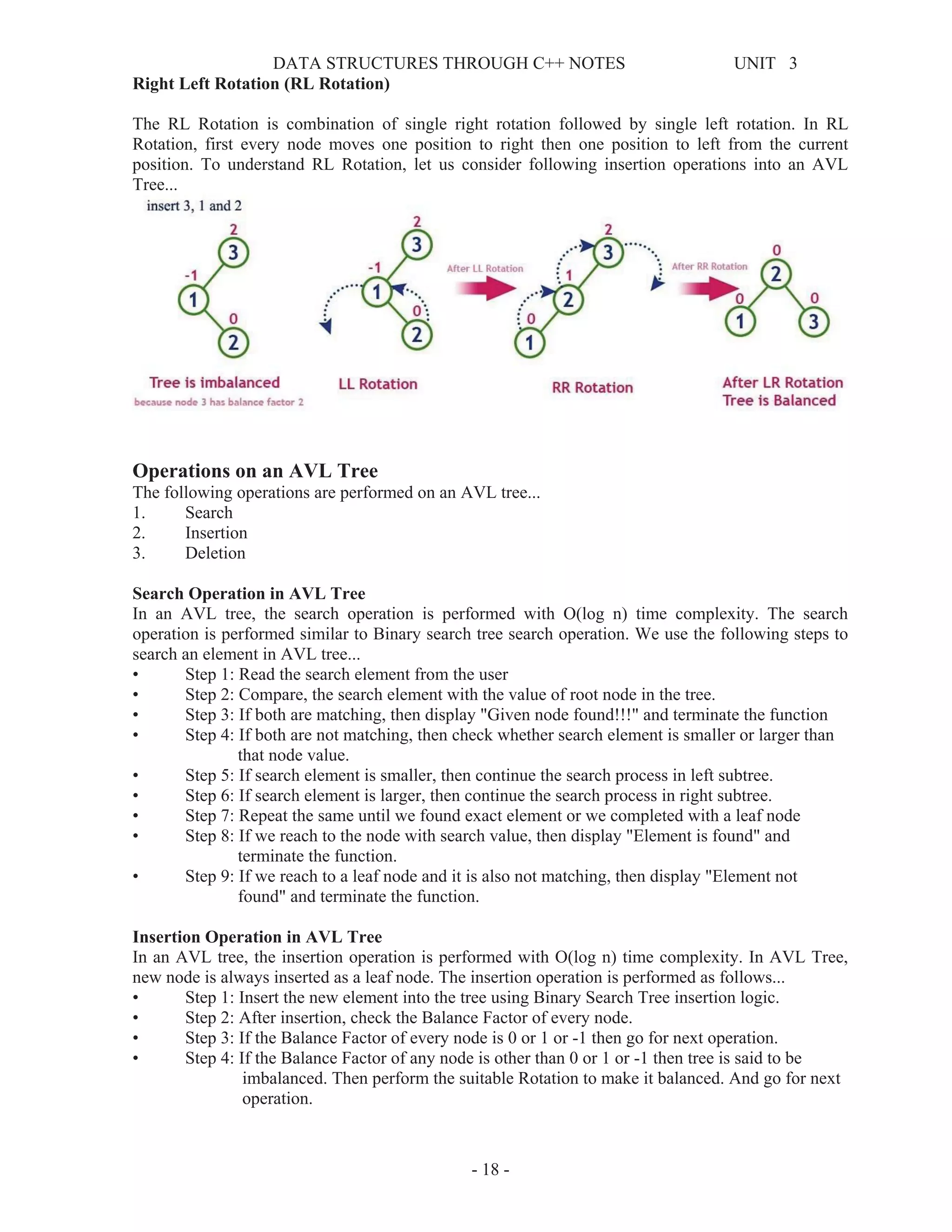 DATA STRUCTURES THROUGH C++ NOTES UNIT 3
- 18 -
Right Left Rotation (RL Rotation)
The RL Rotation is combination of single right rotation followed by single left rotation. In RL
Rotation, first every node moves one position to right then one position to left from the current
position. To understand RL Rotation, let us consider following insertion operations into an AVL
Tree...
Operations on an AVL Tree
The following operations are performed on an AVL tree...
1. Search
2. Insertion
3. Deletion
Search Operation in AVL Tree
In an AVL tree, the search operation is performed with O(log n) time complexity. The search
operation is performed similar to Binary search tree search operation. We use the following steps to
search an element in AVL tree...
• Step 1: Read the search element from the user
• Step 2: Compare, the search element with the value of root node in the tree.
• Step 3: If both are matching, then display "Given node found!!!" and terminate the function
• Step 4: If both are not matching, then check whether search element is smaller or larger than
that node value.
• Step 5: If search element is smaller, then continue the search process in left subtree.
• Step 6: If search element is larger, then continue the search process in right subtree.
• Step 7: Repeat the same until we found exact element or we completed with a leaf node
• Step 8: If we reach to the node with search value, then display "Element is found" and
terminate the function.
• Step 9: If we reach to a leaf node and it is also not matching, then display "Element not
found" and terminate the function.
Insertion Operation in AVL Tree
In an AVL tree, the insertion operation is performed with O(log n) time complexity. In AVL Tree,
new node is always inserted as a leaf node. The insertion operation is performed as follows...
• Step 1: Insert the new element into the tree using Binary Search Tree insertion logic.
• Step 2: After insertion, check the Balance Factor of every node.
• Step 3: If the Balance Factor of every node is 0 or 1 or -1 then go for next operation.
• Step 4: If the Balance Factor of any node is other than 0 or 1 or -1 then tree is said to be
imbalanced. Then perform the suitable Rotation to make it balanced. And go for next
operation.
 