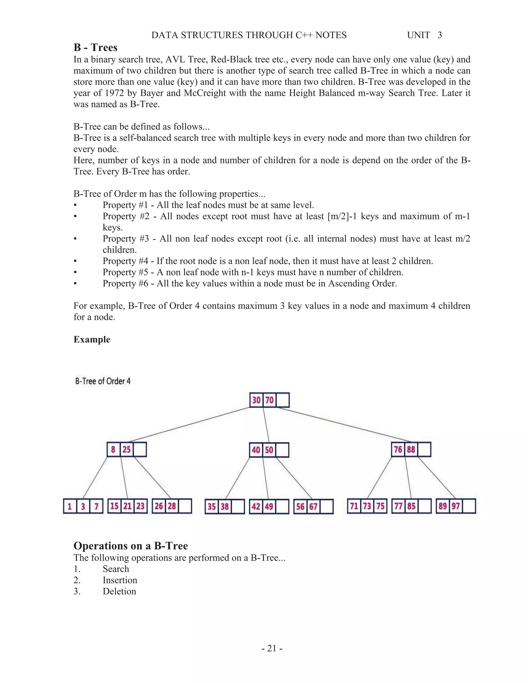 DATA STRUCTURES THROUGH C++ NOTES UNIT 3
- 21 -
B - Trees
In a binary search tree, AVL Tree, Red-Black tree etc., every node can have only one value (key) and
maximum of two children but there is another type of search tree called B-Tree in which a node can
store more than one value (key) and it can have more than two children. B-Tree was developed in the
year of 1972 by Bayer and McCreight with the name Height Balanced m-way Search Tree. Later it
was named as B-Tree.
B-Tree can be defined as follows...
B-Tree is a self-balanced search tree with multiple keys in every node and more than two children for
every node.
Here, number of keys in a node and number of children for a node is depend on the order of the B-
Tree. Every B-Tree has order.
B-Tree of Order m has the following properties...
• Property #1 - All the leaf nodes must be at same level.
• Property #2 - All nodes except root must have at least [m/2]-1 keys and maximum of m-1
keys.
• Property #3 - All non leaf nodes except root (i.e. all internal nodes) must have at least m/2
children.
• Property #4 - If the root node is a non leaf node, then it must have at least 2 children.
• Property #5 - A non leaf node with n-1 keys must have n number of children.
• Property #6 - All the key values within a node must be in Ascending Order.
For example, B-Tree of Order 4 contains maximum 3 key values in a node and maximum 4 children
for a node.
Example
Operations on a B-Tree
The following operations are performed on a B-Tree...
1. Search
2. Insertion
3. Deletion
 