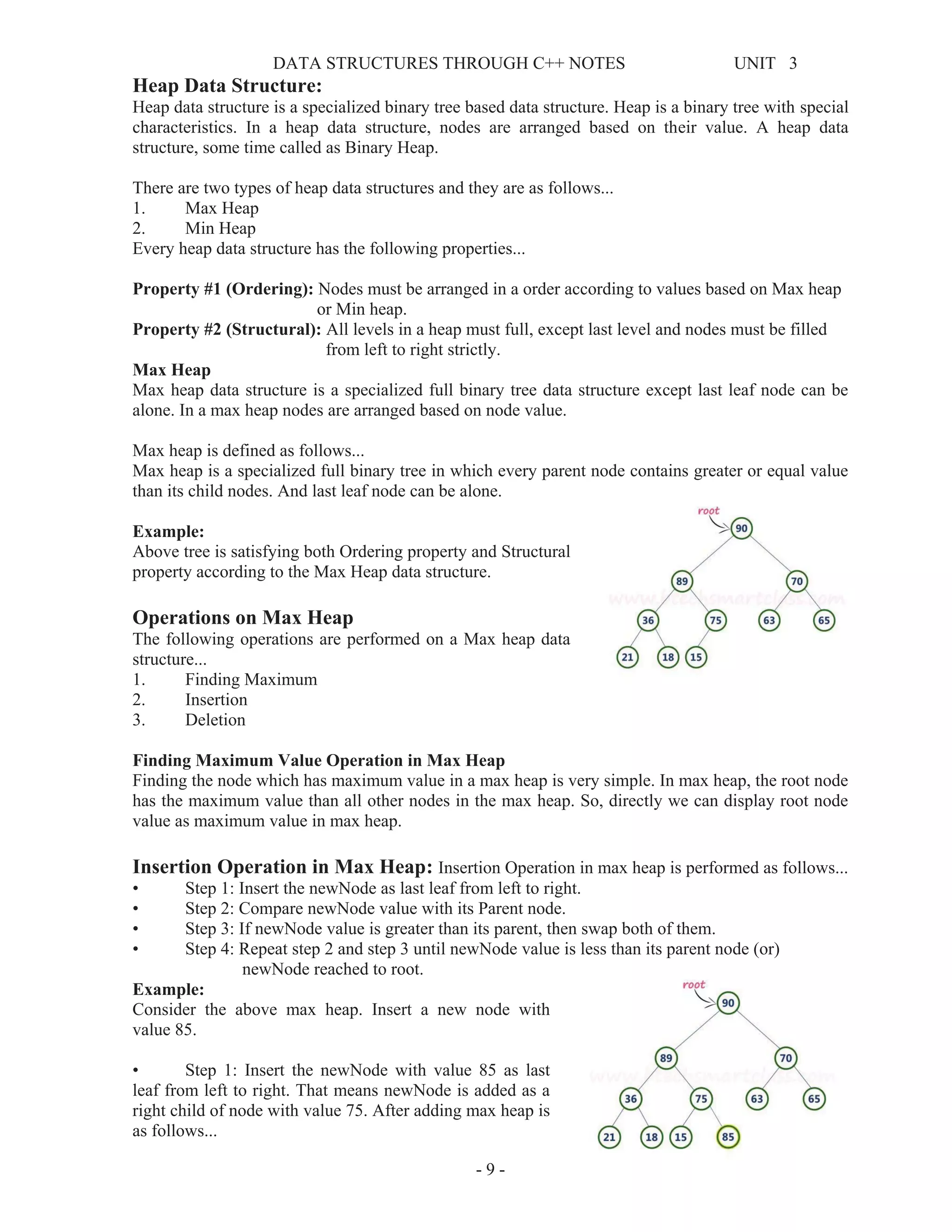 DATA STRUCTURES THROUGH C++ NOTES UNIT 3
- 9 -
Heap Data Structure:
Heap data structure is a specialized binary tree based data structure. Heap is a binary tree with special
characteristics. In a heap data structure, nodes are arranged based on their value. A heap data
structure, some time called as Binary Heap.
There are two types of heap data structures and they are as follows...
1. Max Heap
2. Min Heap
Every heap data structure has the following properties...
Property #1 (Ordering): Nodes must be arranged in a order according to values based on Max heap
or Min heap.
Property #2 (Structural): All levels in a heap must full, except last level and nodes must be filled
from left to right strictly.
Max Heap
Max heap data structure is a specialized full binary tree data structure except last leaf node can be
alone. In a max heap nodes are arranged based on node value.
Max heap is defined as follows...
Max heap is a specialized full binary tree in which every parent node contains greater or equal value
than its child nodes. And last leaf node can be alone.
Example:
Above tree is satisfying both Ordering property and Structural
property according to the Max Heap data structure.
Operations on Max Heap
The following operations are performed on a Max heap data
structure...
1. Finding Maximum
2. Insertion
3. Deletion
Finding Maximum Value Operation in Max Heap
Finding the node which has maximum value in a max heap is very simple. In max heap, the root node
has the maximum value than all other nodes in the max heap. So, directly we can display root node
value as maximum value in max heap.
Insertion Operation in Max Heap: Insertion Operation in max heap is performed as follows...
• Step 1: Insert the newNode as last leaf from left to right.
• Step 2: Compare newNode value with its Parent node.
• Step 3: If newNode value is greater than its parent, then swap both of them.
• Step 4: Repeat step 2 and step 3 until newNode value is less than its parent node (or)
newNode reached to root.
Example:
Consider the above max heap. Insert a new node with
value 85.
• Step 1: Insert the newNode with value 85 as last
leaf from left to right. That means newNode is added as a
right child of node with value 75. After adding max heap is
as follows...
 
