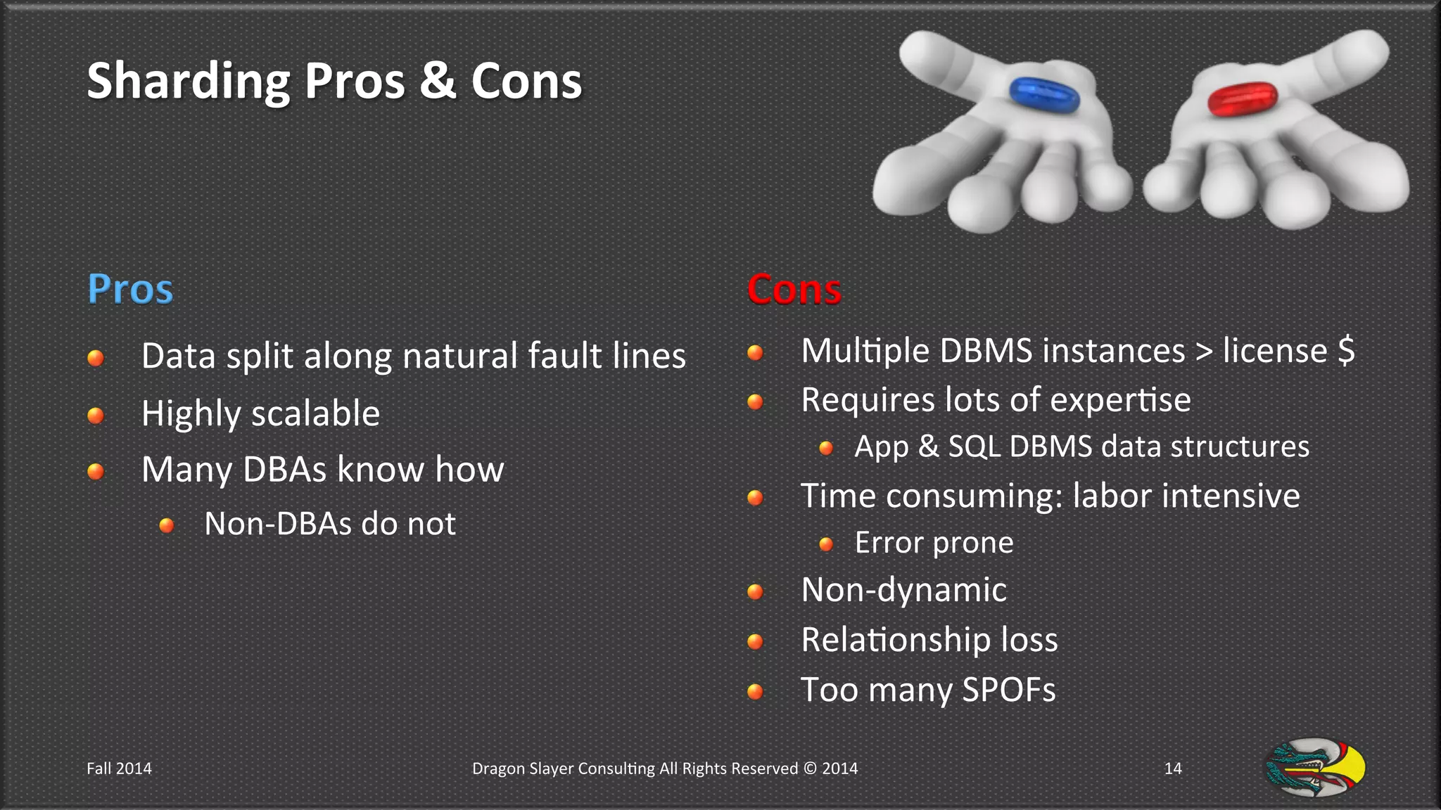 Sharding	
  Pros	
  &	
  Cons	
  
Pros	
  
!   Data	
  split	
  along	
  natural	
  fault	
  lines	
  
!   Highly	
  scalable	
  
!   Many	
  DBAs	
  know	
  how	
  
!   Non-­‐DBAs	
  do	
  not	
  
Cons	
  
!   Mul9ple	
  DBMS	
  instances	
  >	
  license	
  $	
  
!   Requires	
  lots	
  of	
  exper9se	
  
!  App	
  &	
  SQL	
  DBMS	
  data	
  structures	
  
!   Time	
  consuming:	
  labor	
  intensive	
  
!  Error	
  prone	
  
!   Non-­‐dynamic	
  
!   Rela9onship	
  loss	
  
!   Too	
  many	
  SPOFs	
  
Fall	
  2014	
   Dragon	
  Slayer	
  Consul9ng	
  All	
  Rights	
  Reserved	
  ©	
  2014	
  	
   14	
  
 