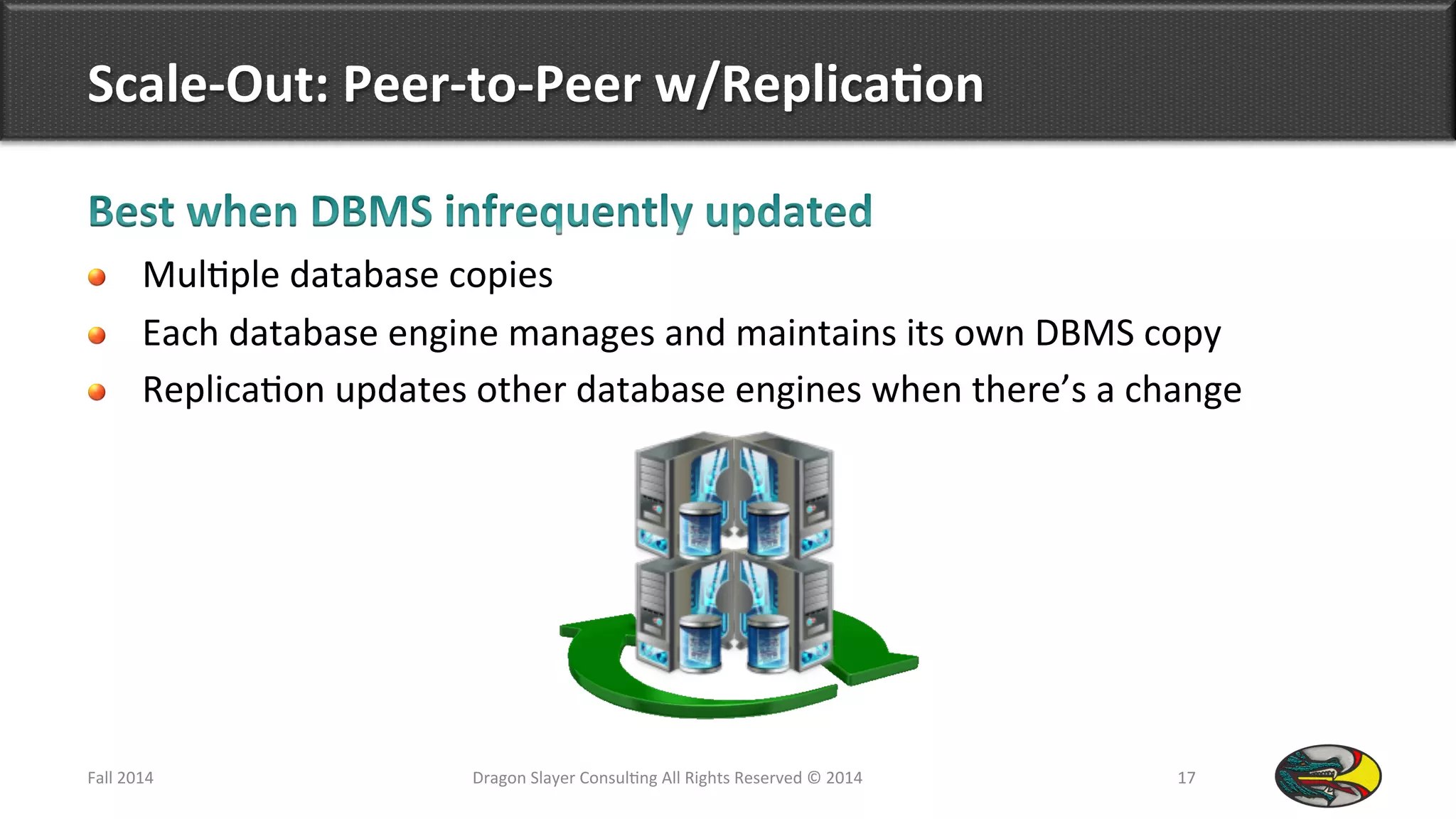 Scale-­‐Out:	
  Peer-­‐to-­‐Peer	
  w/Replica*on	
  
!   Mul9ple	
  database	
  copies	
  	
  
!   Each	
  database	
  engine	
  manages	
  and	
  maintains	
  its	
  own	
  DBMS	
  copy	
  	
  
!   Replica9on	
  updates	
  other	
  database	
  engines	
  when	
  there’s	
  a	
  change	
  
Fall	
  2014	
   Dragon	
  Slayer	
  Consul9ng	
  All	
  Rights	
  Reserved	
  ©	
  2014	
  	
   17	
  
 