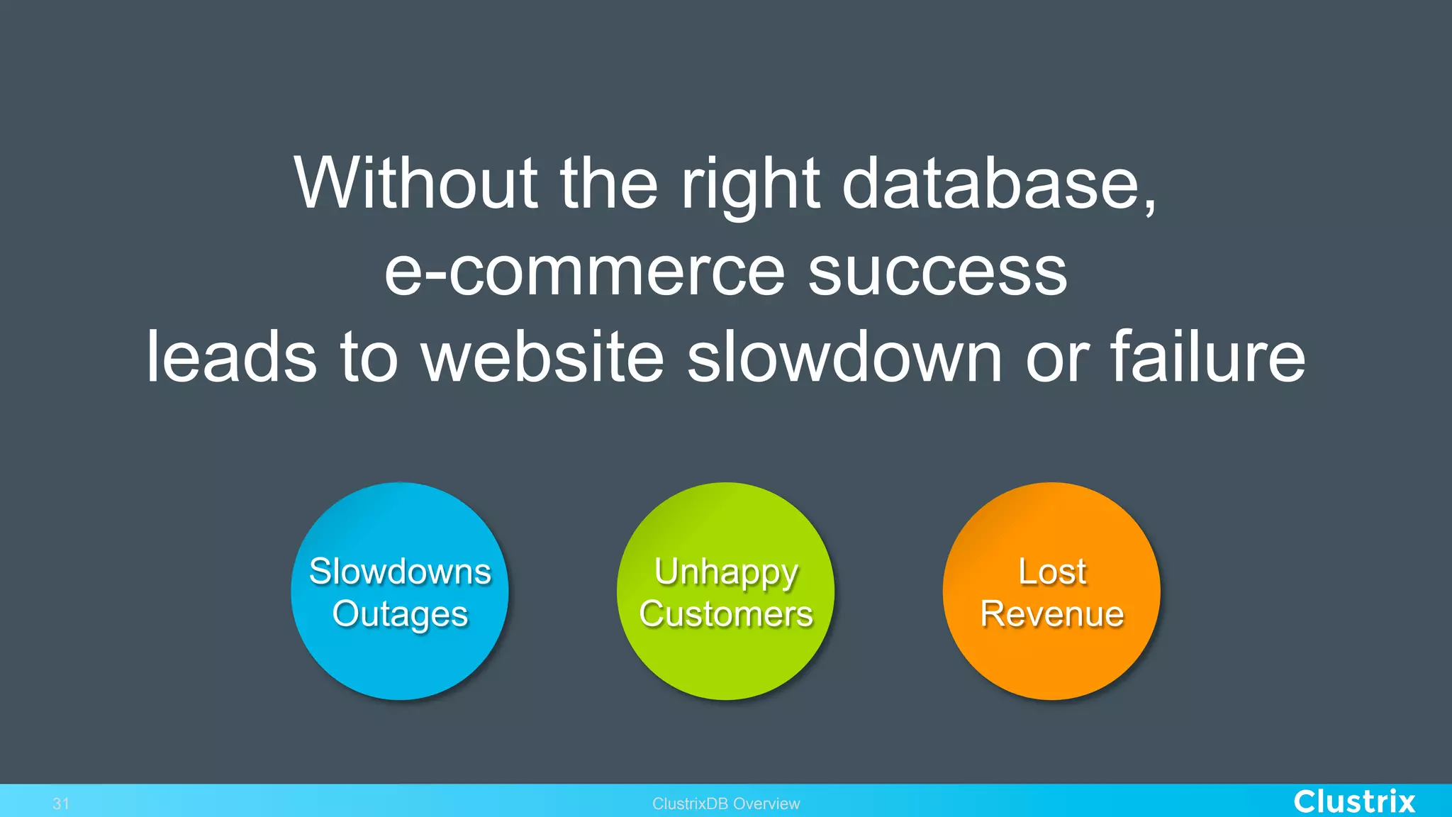 Without the right database,
e-commerce success
leads to website slowdown or failure
Slowdowns
Outages
Unhappy
Customers
Lost
Revenue
ClustrixDB Overview31
 