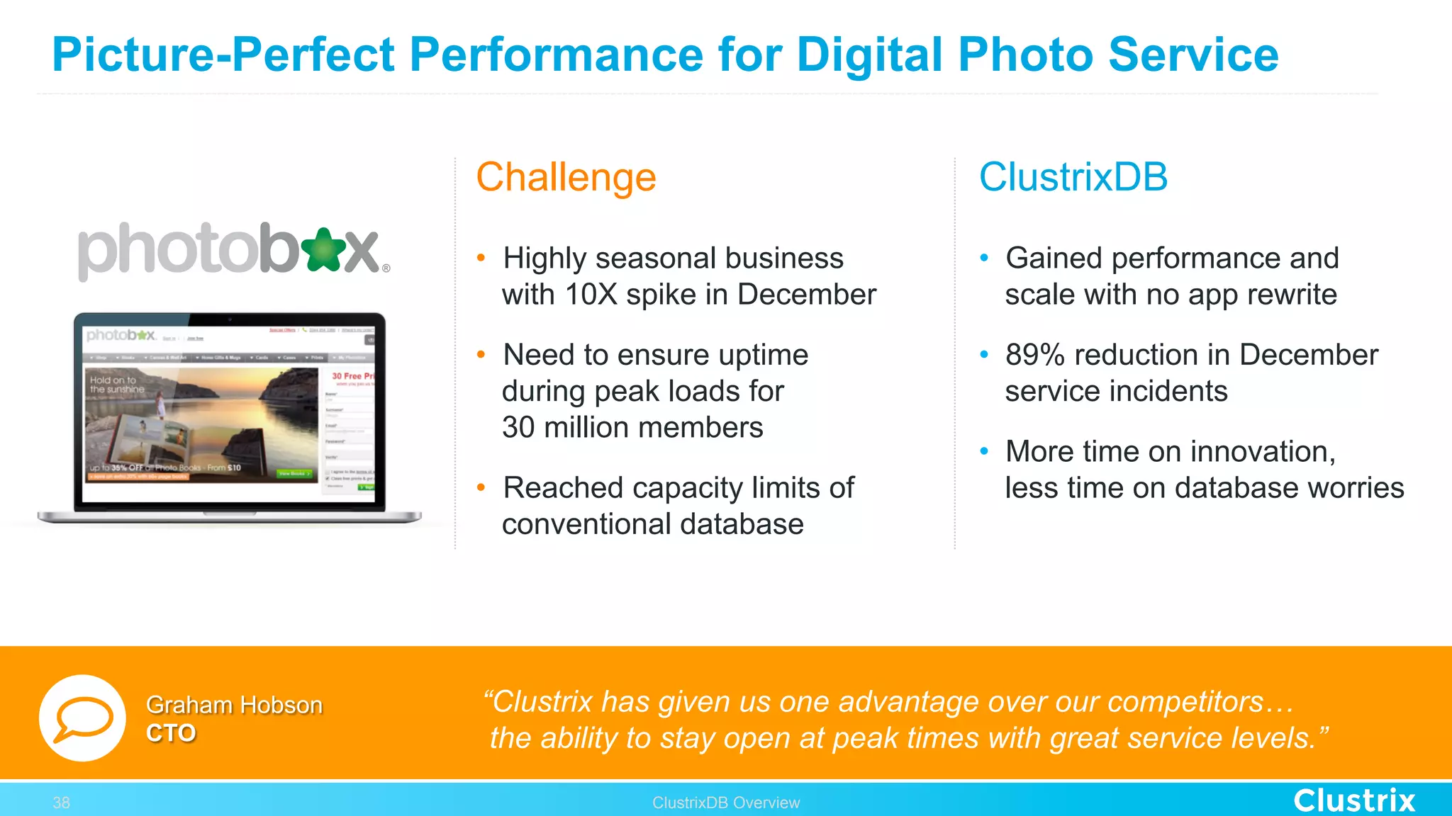 Picture-Perfect Performance for Digital Photo Service
“Clustrix has given us one advantage over our competitors…
the ability to stay open at peak times with great service levels.”
Challenge ClustrixDB
•  Highly seasonal business
with 10X spike in December
•  Need to ensure uptime
during peak loads for
30 million members
•  Reached capacity limits of
conventional database
•  Gained performance and
scale with no app rewrite
•  89% reduction in December
service incidents
•  More time on innovation,
less time on database worries
Graham Hobson
CTO
ClustrixDB Overview38
 