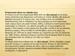 Δημήτρης Σέκουλας Ε1 2ο Δημοτικό
Σχολείο Ξάνθης <<Όξινη Βροχή>>
Επιφανειακά ύδατα και υδρόβια ζωή
Η πτώση του pH στα επιφανειακά ύδατα από την όξινη βροχή (ή και άλλες
πηγές ρύπανσης) έχει δραματικές επιπτώσεις σε πολλά υδρόβια είδη ζωής και
ιδιαίτερα στα αυγά ή τα νεογνά τους, που συνήθως είναι πιο ευαίσθητα.
Καταστρεπτικές είναι οι επιδράσεις της όξινης βροχής και στα επιφανειακά
νερά, κυρίως λίμνες και μικρά ποτάμια, καθώς η αυξημένη συγκέντρωση οξέων
καταστρέφει το πλαγκτόν, την υδάτινη χλωρίδα και τα αυγά αμφιβίων και
ψαριών. Κατά καιρούς η όξινη βροχή έχει θεωρηθεί υπεύθυνη και για μαζικούς
θανάτους ψαριών, όπως συνέβη σε σκανδιναβικές λίμνες στις αρχές της
δεκαετίας του 1970 και σε μικρά ποτάμια της Γερμανίας στα τέλη της δεκαετίας
του 1980. Επίσης, ιδιαίτερα αυξημένη ποσότητα όξινης βροχής δέχονται λίμνες
και ποταμάκια κατά την άνοιξη με την τήξη των πάγων
Έδαφος
Το έδαφος βλάπτεται σοβαρά από την όξινη βροχή. Πολλές εδαφόβιες μορφές
ζωής δεν αντέχουν το χαμηλό pH και εξοντώνονται. Επίσης τα οξέα διαλύουν
και ενεργοποιούν βαρέα μέταλλα και άλλες τοξίνες με ακόμη χειρότερα
αποτελέσματα. Ωστόσο, ορισμένα αλκαλικά εδάφη εξουδετερώνουν, εν μέρει
τουλάχιστον, το φαινόμενο.
 