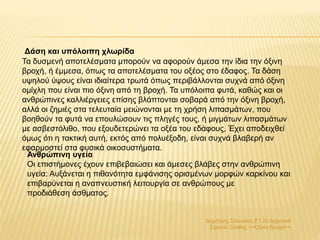Δημήτρης Σέκουλας Ε1 2ο Δημοτικό
Σχολείο Ξάνθης <<Όξινη Βροχή>>
Τα δυσμενή αποτελέσματα μπορούν να αφορούν άμεσα την ίδια την όξινη
βροχή, ή έμμεσα, όπως τα αποτελέσματα του οξέος στο έδαφος. Τα δάση
υψηλού ύψους είναι ιδιαίτερα τρωτά όπως περιβάλλονται συχνά από όξινη
ομίχλη που είναι πιο όξινη από τη βροχή. Τα υπόλοιπα φυτά, καθώς και οι
ανθρώπινες καλλιέργειες επίσης βλάπτονται σοβαρά από την όξινη βροχή,
αλλά οι ζημιές στα τελευταία μειώνονται με τη χρήση λιπασμάτων, που
βοηθούν τα φυτά να επουλώσουν τις πληγές τους, ή μιγμάτων λιπασμάτων
με ασβεστόλιθο, που εξουδετερώνει τα οξέα του εδάφους, Έχει αποδειχθεί
όμως ότι η τακτική αυτή, εκτός από πολυέξοδη, είναι συχνά βλαβερή αν
εφαρμοστεί στα φυσικά οικοσυστήματα.
Δάση και υπόλοιπη χλωρίδα
Ανθρώπινη υγεία
Οι επιστήμονες έχουν επιβεβαιώσει και άμεσες βλάβες στην ανθρώπινη
υγεία: Αυξάνεται η πιθανότητα εμφάνισης ορισμένων μορφών καρκίνου και
επιβαρύνεται η αναπνευστική λειτουργία σε ανθρώπους με
προδιάθεση άσθματος.
 