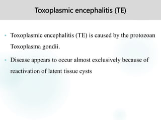 Toxoplasmic encephalitis (TE)
 Toxoplasmic encephalitis (TE) is caused by the protozoan
Toxoplasma gondii.
 Disease appears to occur almost exclusively because of
reactivation of latent tissue cysts
 