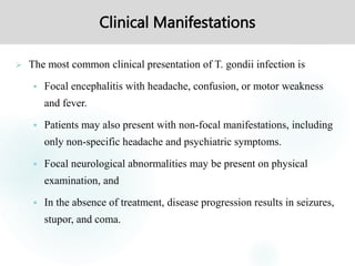 Clinical Manifestations
 The most common clinical presentation of T. gondii infection is
 Focal encephalitis with headache, confusion, or motor weakness
and fever.
 Patients may also present with non-focal manifestations, including
only non-specific headache and psychiatric symptoms.
 Focal neurological abnormalities may be present on physical
examination, and
 In the absence of treatment, disease progression results in seizures,
stupor, and coma.
 