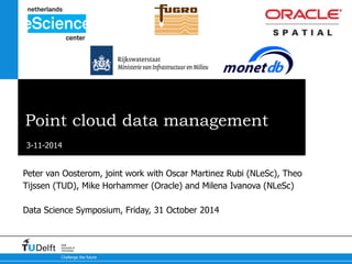 3-11-2014 
Challenge the future 
Delft 
University of 
Technology 
Peter van Oosterom, joint work with Oscar Martinez Rubi (NLeSc), Theo Tijssen (TUD), Mike Horhammer (Oracle) and Milena Ivanova (NLeSc) 
Data Science Symposium, Friday, 31 October 2014 
Point cloud data management  