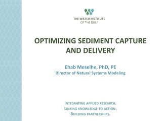 OPTIMIZING SEDIMENT CAPTURE 
AND DELIVERY 
Ehab Meselhe, PhD, PE 
Director of Natural Systems Modeling 
INTEGRATING APPLIED RESEARCH. 
LINKING KNOWLEDGE TO ACTION. 
BUILDING PARTNERSHIPS. 
 