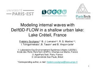 1 
Modeling internal waves with Delft3D-FLOW in a shallow urban lake: Lake Créteil, France 
Frédéric Soulignac1*, B. J. Lemaire1,2, R. S. Martins1,3, 
I. Tchiguirinskaia1, B. Tassin1 and B. Vinçon-Leite1 
1: Laboratoire Eau Environnement Systèmes Urbains (LEESU), Ecole des Ponts ParisTech (ENPC), Champs-sur-Marne, France 
2: AgroParisTech, Paris, France 
3: Université de Sao Paulo, Brésil 
*Corresponding author, e-mail: frederic.soulignac@leesu.enpc.fr 
 