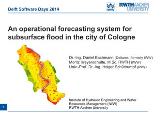 1 
An operational forecasting system for subsurface flood in the city of Cologne 
Delft Software Days 2014 
Dr.-Ing. Daniel Bachmann (Deltares, formerly IWW) 
Moritz Kreyenschulte, M.Sc. RWTH (IWW) 
Univ.-Prof. Dr.-Ing. Holger Schüttrumpf (IWW) 
Institute of Hydraulic Engineering and Water Resources Management (IWW) 
RWTH Aachen University  