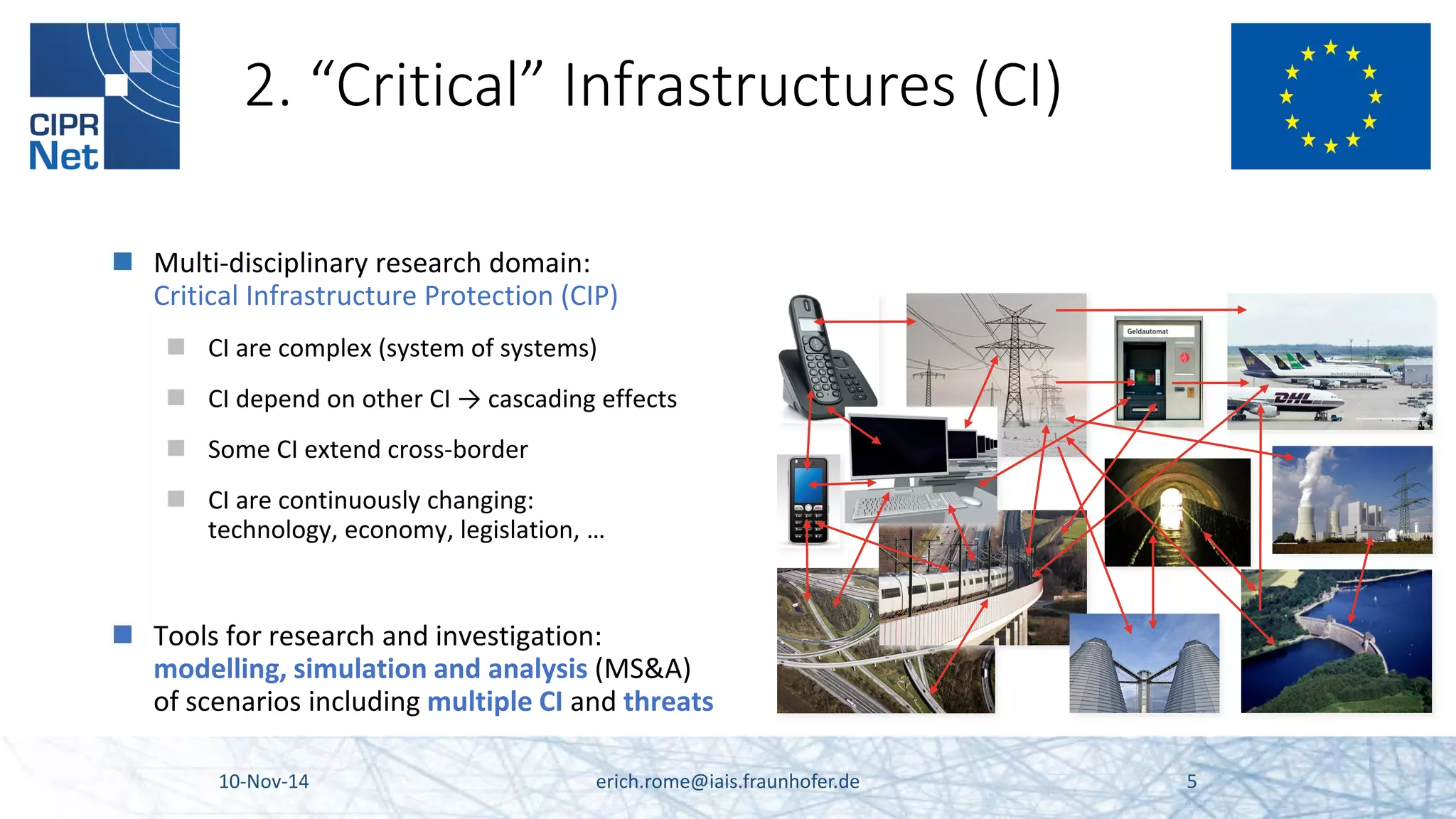 2. “Critical” Infrastructures (CI) 10-Nov-14 erich.rome@iais.fraunhofer.de 5 
 
Multi-disciplinary research domain: Critical Infrastructure Protection (CIP) 
 
CI are complex (system of systems) 
 
CI depend on other CI → cascading effects 
 
Some CI extend cross-border 
 
CI are continuously changing: technology, economy, legislation, … 
 
Tools for research and investigation: modelling, simulation and analysis (MS&A) of scenarios including multiple CI and threats  