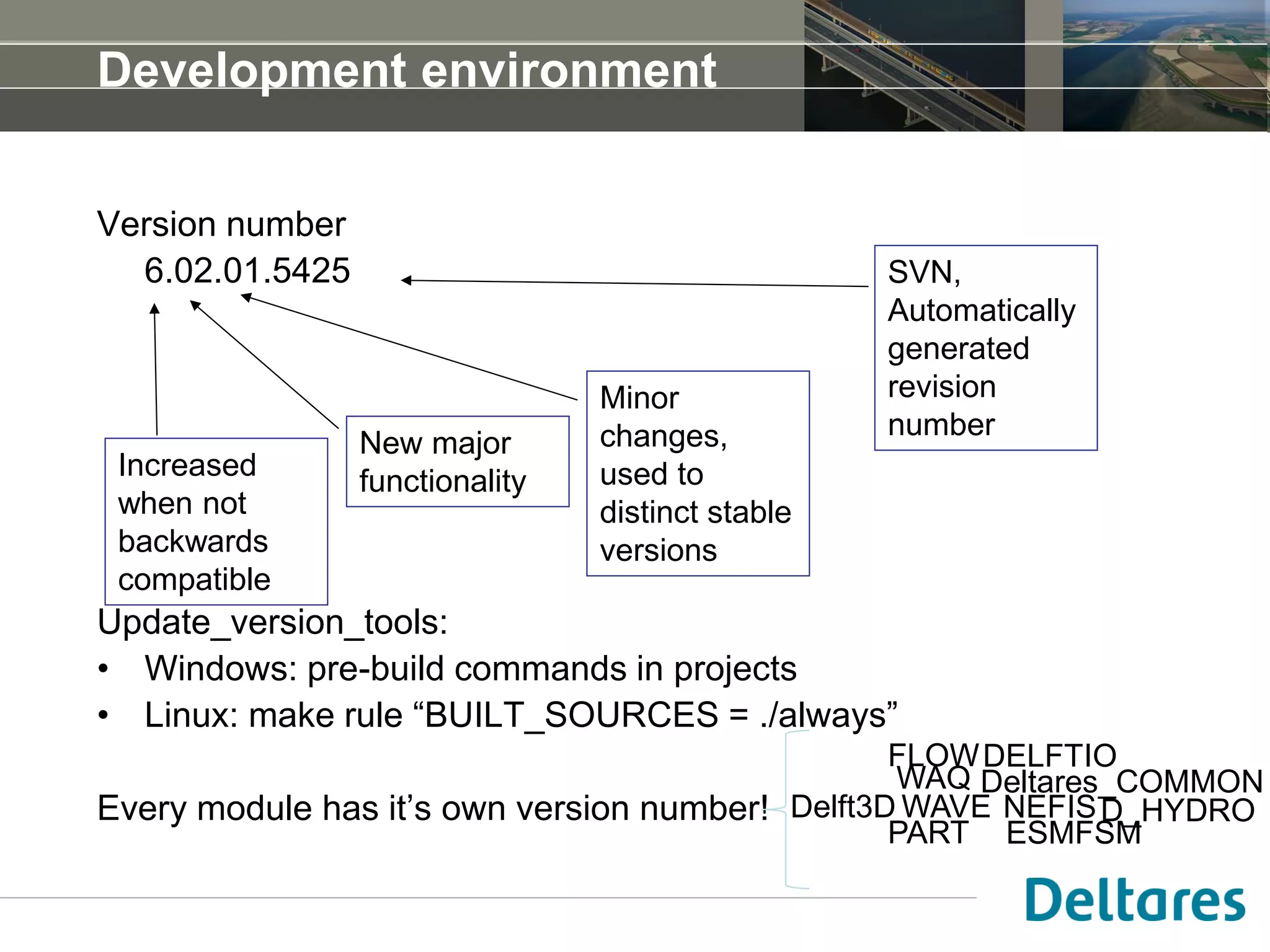 Development environment
Version number
6.02.01.5425
Update_version_tools:
• Windows: pre-build commands in projects
• Linux: make rule “BUILT_SOURCES = ./always”
Every module has it’s own version number!
Increased
when not
backwards
compatible
New major
functionality
Minor
changes,
used to
distinct stable
versions
SVN,
Automatically
generated
revision
number
Delft3D
FLOW
WAQ
WAVE
PART
Deltares_COMMON
DELFTIO
NEFIS
ESMFSM
D_HYDRO
 