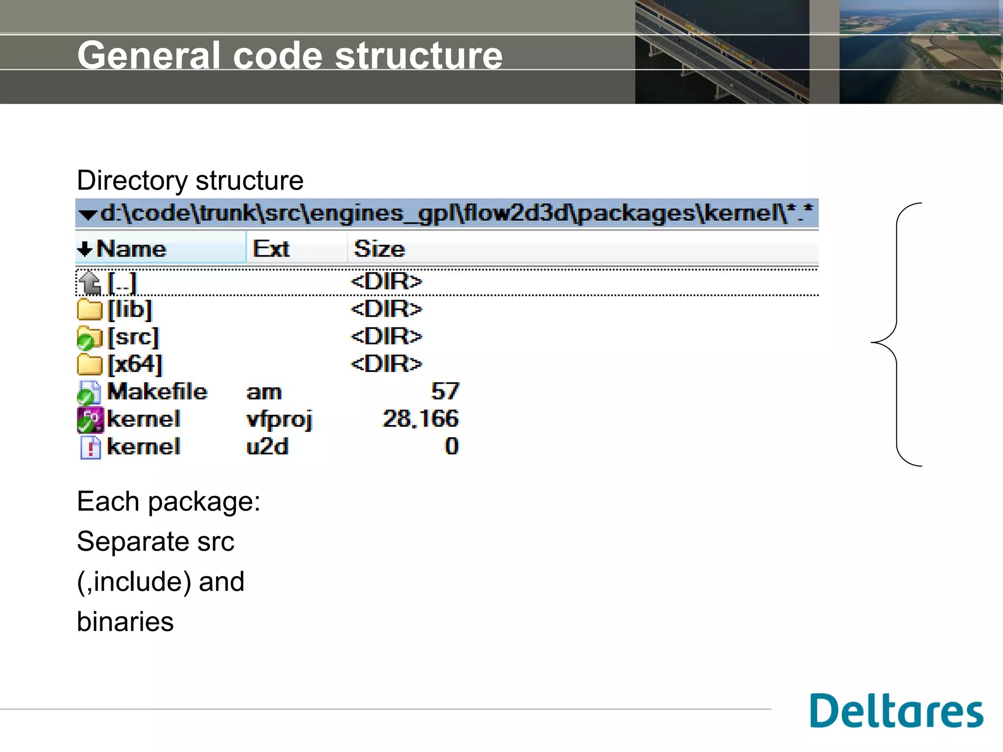 General code structure
Directory structure
Each package:
Separate src
(,include) and
binaries
 