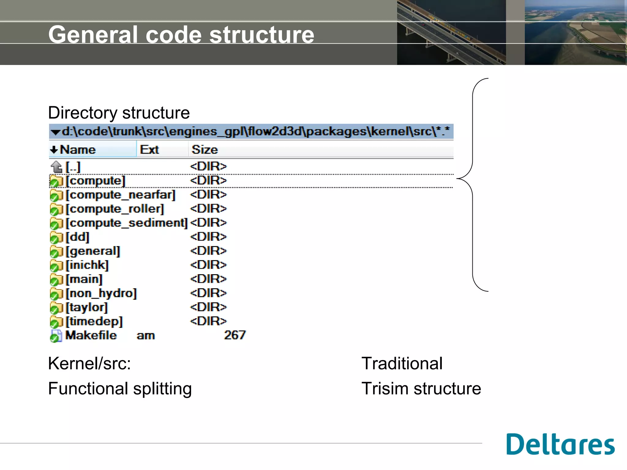 General code structure
Directory structure
Kernel/src: Traditional
Functional splitting Trisim structure
 
