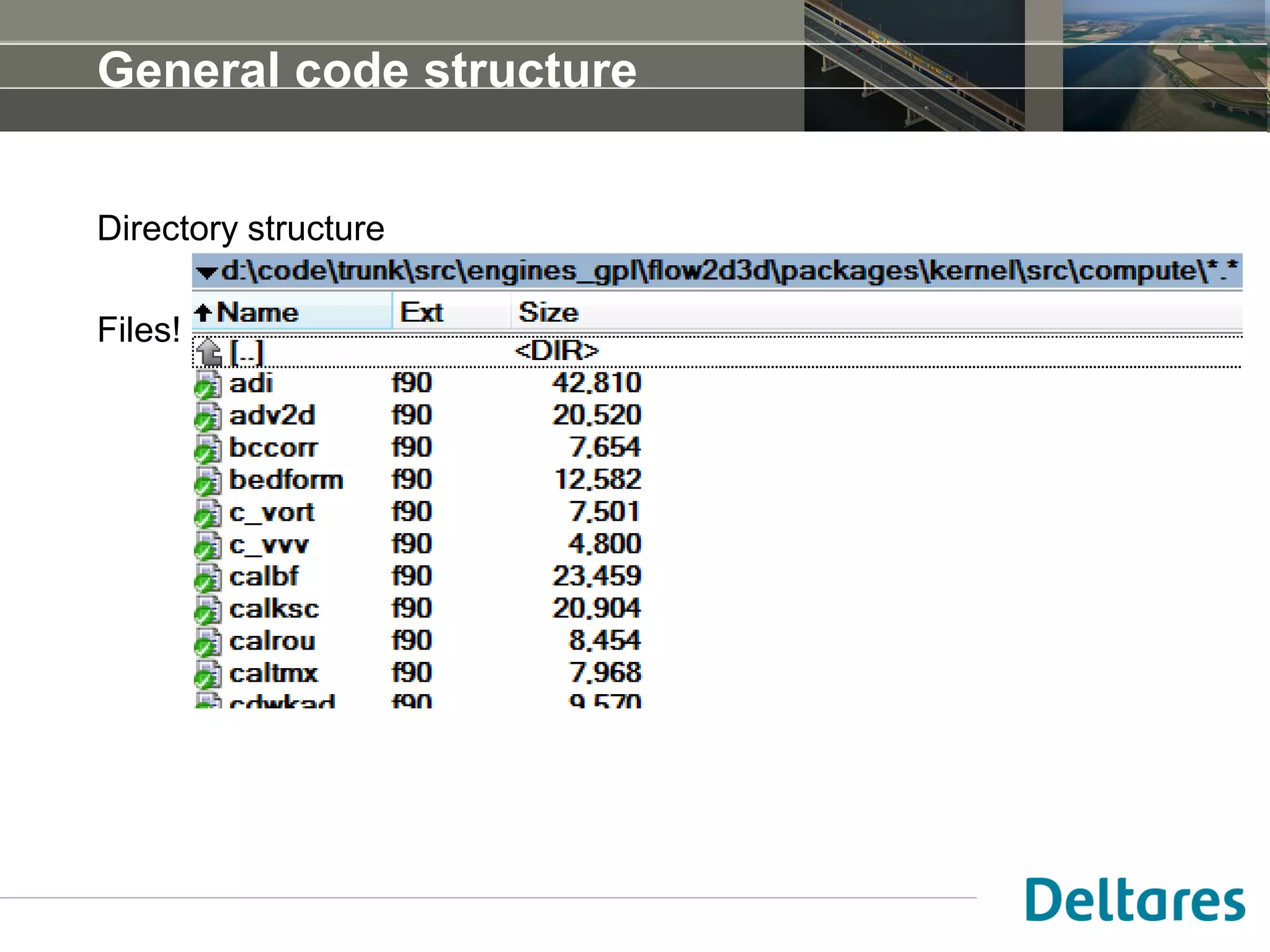 General code structure
Directory structure
Files!
 