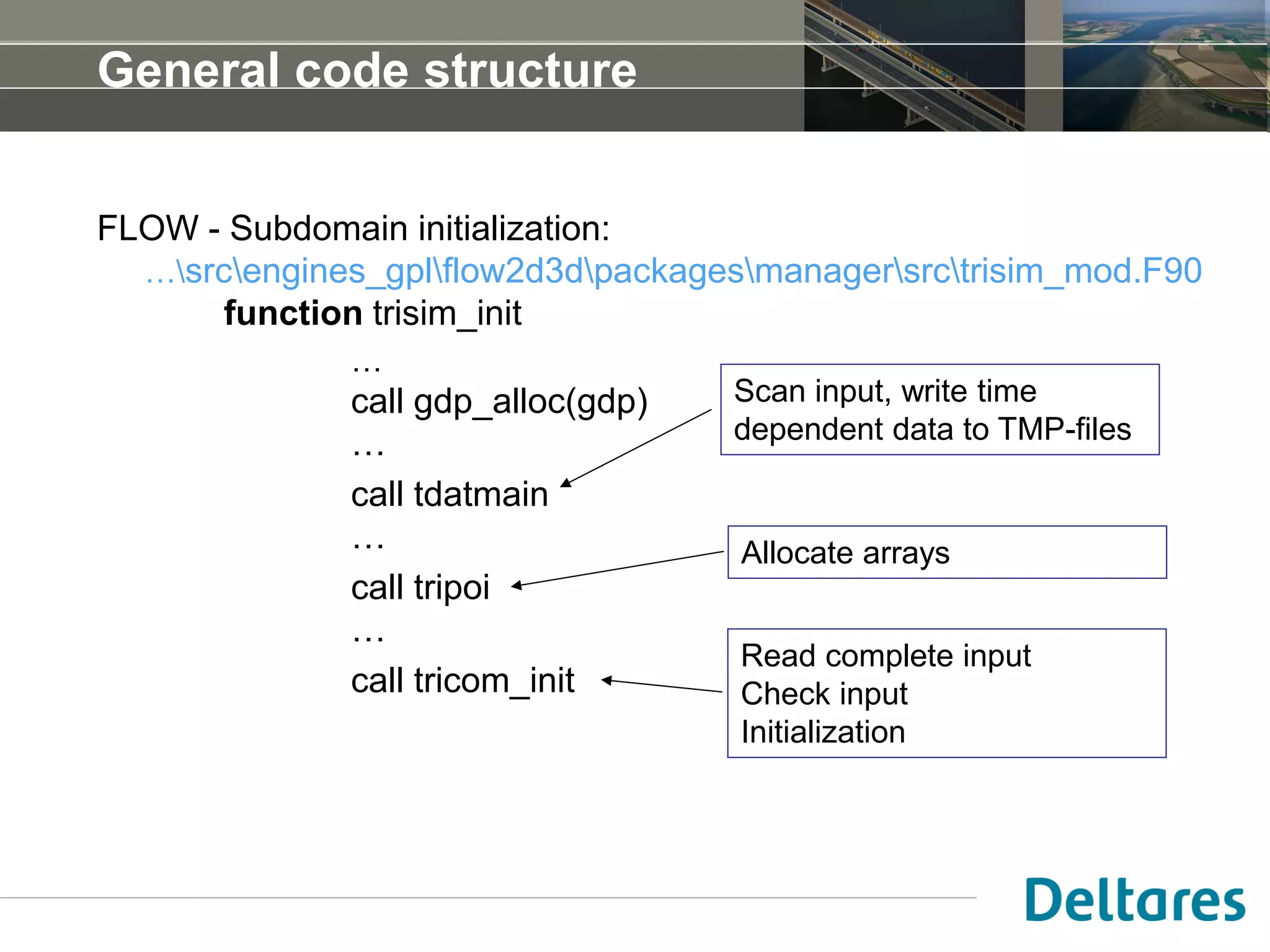 General code structure
FLOW - Subdomain initialization:
…srcengines_gplflow2d3dpackagesmanagersrctrisim_mod.F90
function trisim_init
…
call gdp_alloc(gdp)
…
call tdatmain
…
call tripoi
…
call tricom_init
Scan input, write time
dependent data to TMP-files
Allocate arrays
Read complete input
Check input
Initialization
 