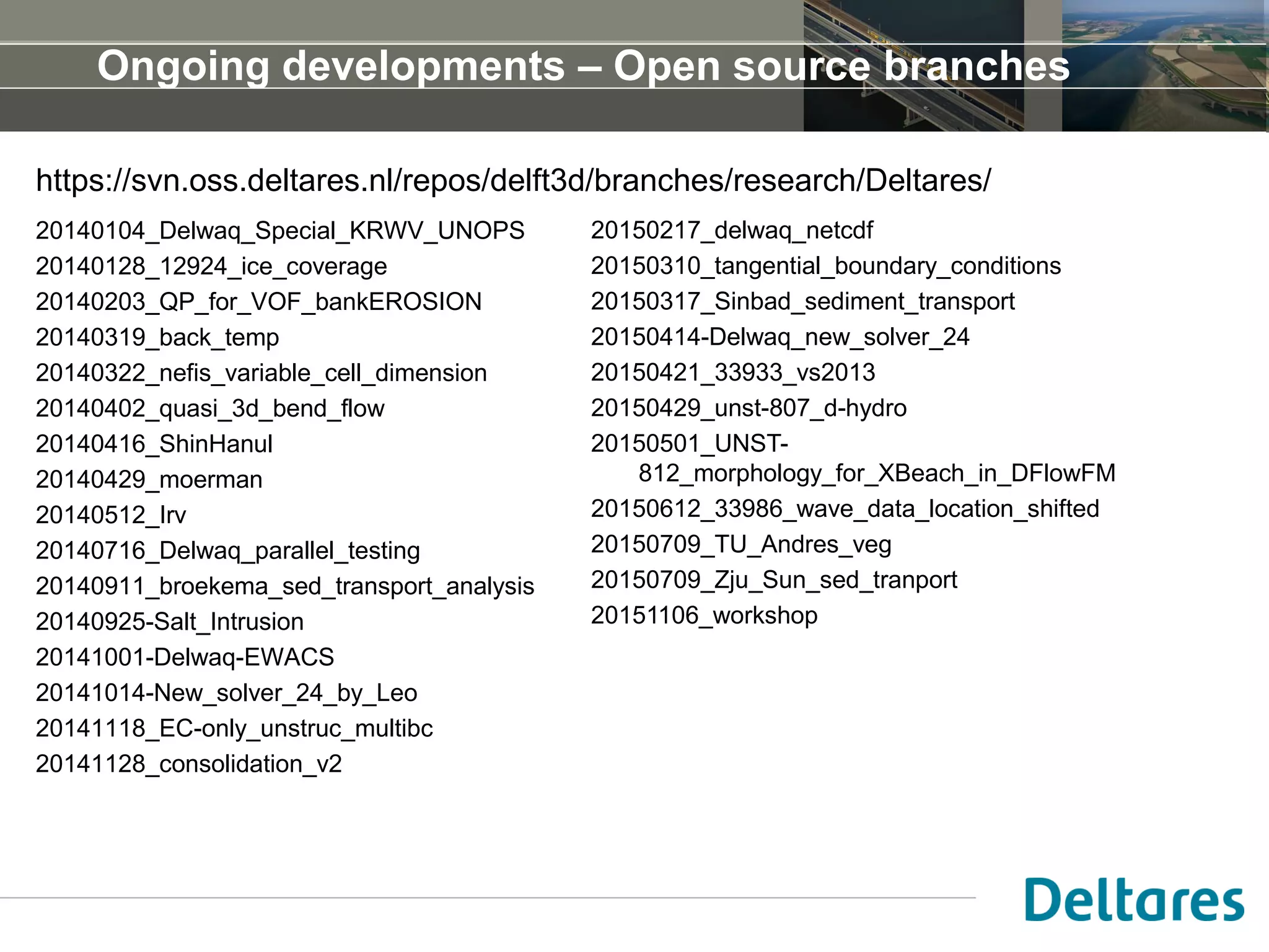 Ongoing developments – Open source branches
20140104_Delwaq_Special_KRWV_UNOPS
20140128_12924_ice_coverage
20140203_QP_for_VOF_bankEROSION
20140319_back_temp
20140322_nefis_variable_cell_dimension
20140402_quasi_3d_bend_flow
20140416_ShinHanul
20140429_moerman
20140512_Irv
20140716_Delwaq_parallel_testing
20140911_broekema_sed_transport_analysis
20140925-Salt_Intrusion
20141001-Delwaq-EWACS
20141014-New_solver_24_by_Leo
20141118_EC-only_unstruc_multibc
20141128_consolidation_v2
20150217_delwaq_netcdf
20150310_tangential_boundary_conditions
20150317_Sinbad_sediment_transport
20150414-Delwaq_new_solver_24
20150421_33933_vs2013
20150429_unst-807_d-hydro
20150501_UNST-
812_morphology_for_XBeach_in_DFlowFM
20150612_33986_wave_data_location_shifted
20150709_TU_Andres_veg
20150709_Zju_Sun_sed_tranport
20151106_workshop
https://svn.oss.deltares.nl/repos/delft3d/branches/research/Deltares/
 