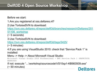 Delft3D 4 Open Source Workshop
Before we start:
1.Are you registered at oss.deltares.nl?
2.Use TortoiseSVN to download:
https://svn.oss.deltares.nl/repos/delft3d/branches/research/Deltares/201
51106_workshop
(~ 5 seconds)
3.Use TortoiseSVN to download:
https://svn.oss.deltares.nl/repos/delft3d/tags/5425/
(~ 5 minutes)
4.If you are using VisualStudio 2010: check that “Service Pack 1” is
installed:
Menu -> Help -> About Microsoft Visual Studio:
Microsoft Visual Studio 2010 Professional - ENU Service Pack 1 (KB983509)
KB983509
If not: execute “…workshopsourcecodeVS10sp1-KB983509.exe”
(~ 50 minutes)
 