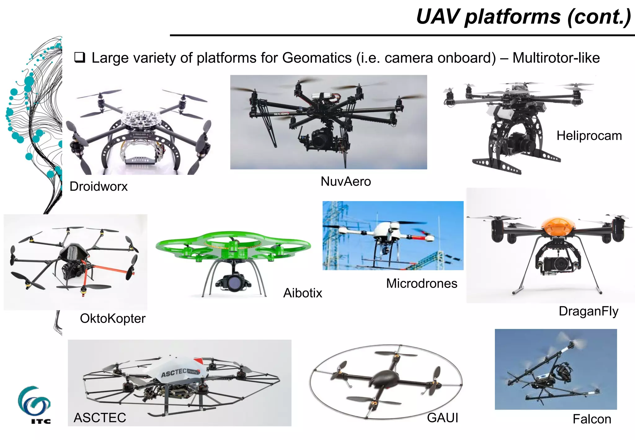 UAV platforms (cont.)
Droidworx
 Large variety of platforms for Geomatics (i.e. camera onboard) – Multirotor-like
DraganFly
OktoKopter
Aibotix
Heliprocam
NuvAero
GAUIASCTEC Falcon
Microdrones
 
