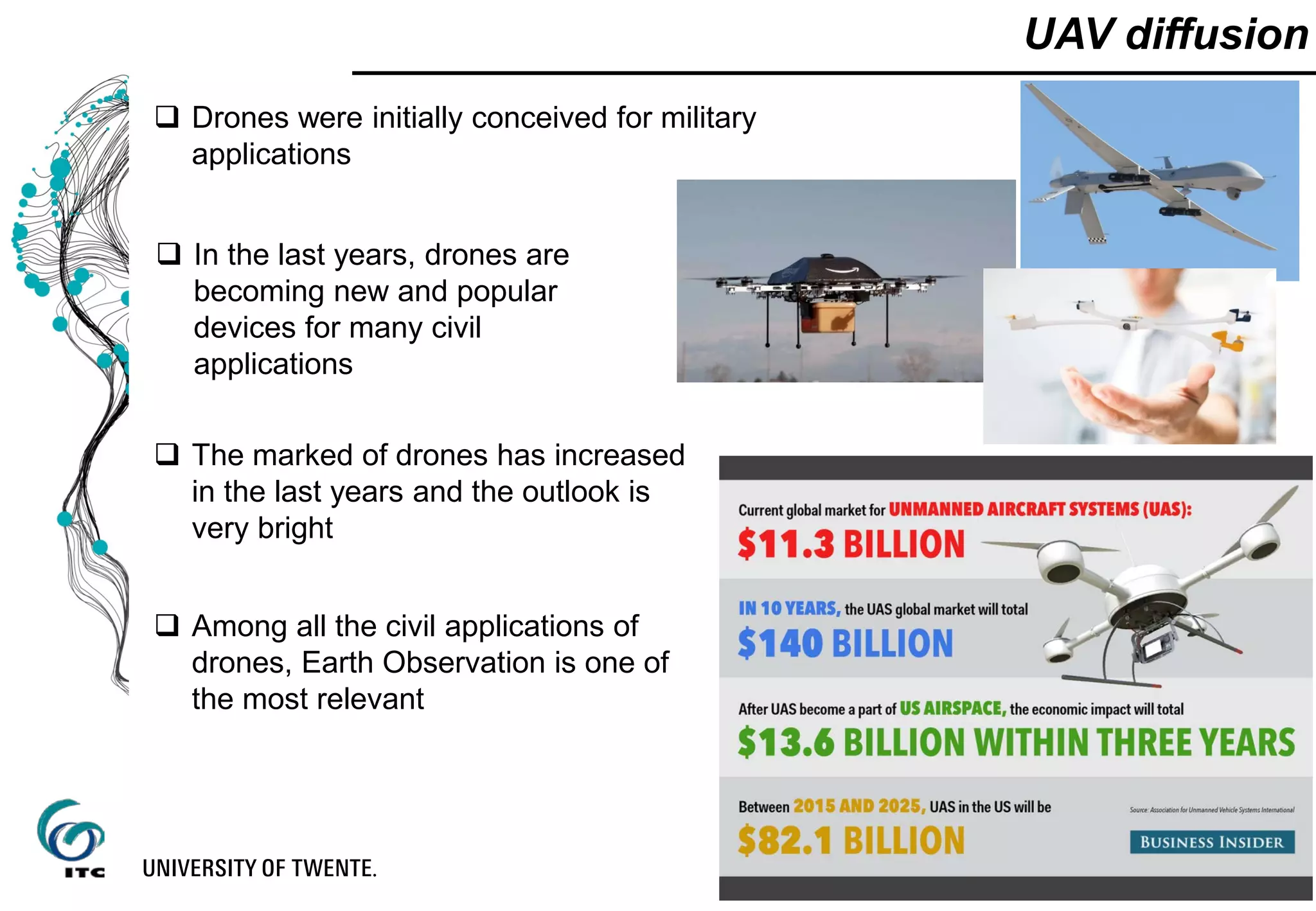 UAV diffusion
 In the last years, drones are
becoming new and popular
devices for many civil
applications
 The marked of drones has increased
in the last years and the outlook is
very bright
 Among all the civil applications of
drones, Earth Observation is one of
the most relevant
 Drones were initially conceived for military
applications
 