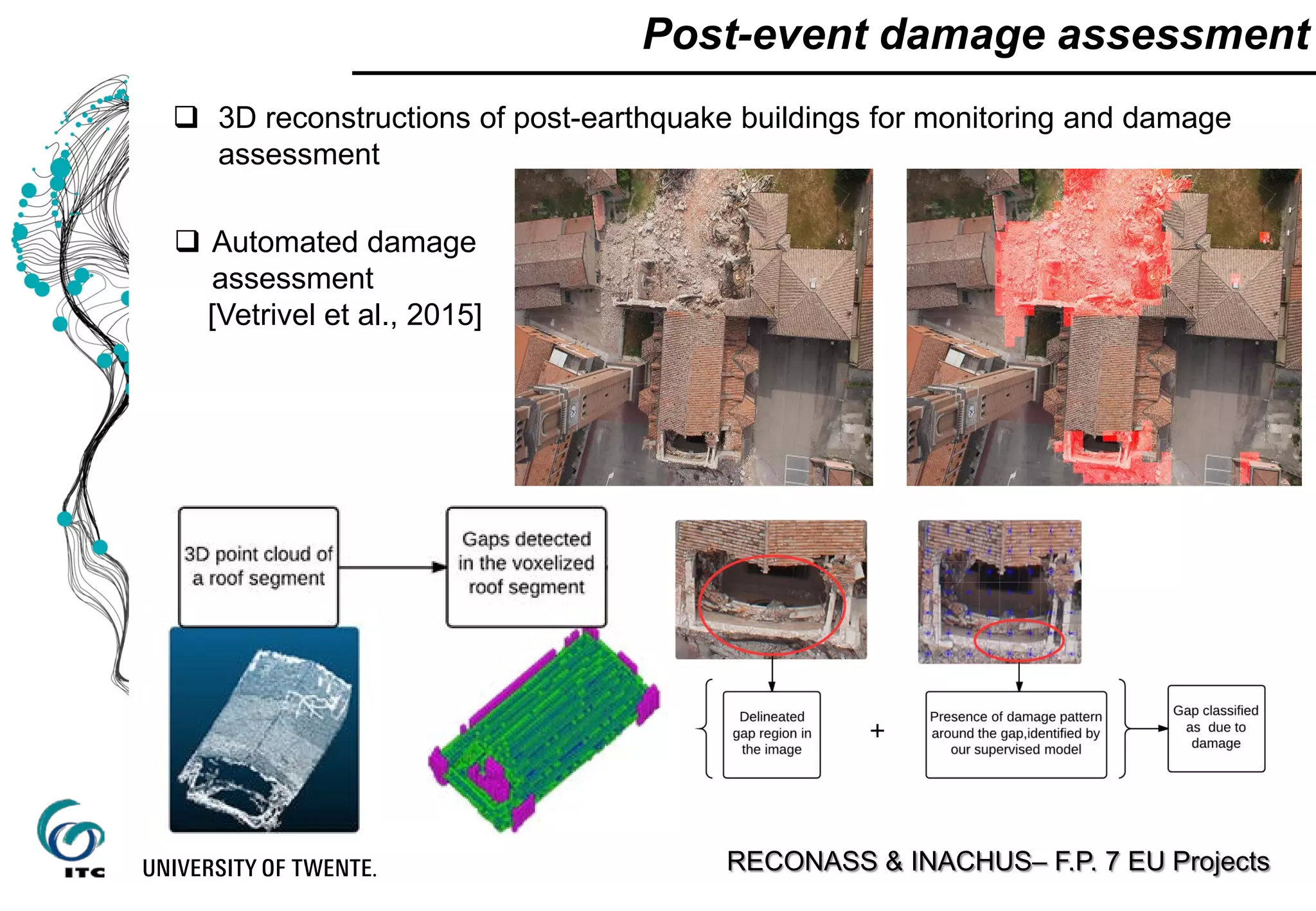 Post-event damage assessment
RECONASS & INACHUS– F.P. 7 EU Projects
 3D reconstructions of post-earthquake buildings for monitoring and damage
assessment
 Automated damage
assessment
[Vetrivel et al., 2015]
 