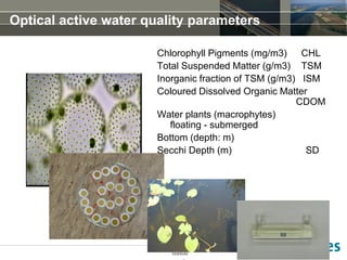 Institute
Optical active water quality parameters
Chlorophyll Pigments (mg/m3) CHL
Total Suspended Matter (g/m3) TSM
Inorganic fraction of TSM (g/m3) ISM
Coloured Dissolved Organic Matter
CDOM
Water plants (macrophytes)
floating - submerged
Bottom (depth: m)
Secchi Depth (m) SD
 