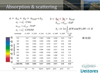 6
*
*
*
C C
NAP NAP
y y
a a Chla
a a NAP
a a CDOM
 
 
 
*
/2
2 ( )sin( ) d
NAP NAP
b
b b NAP
b b b B


 
 
      
wavelength a*_H2O b*_H2O a*_CHL b*_CHL a*_NAP b*_NAP a*_CD
OM
413 0.01 0.007 0.023 0.005 0.035 0.43 1.28
442 0.01 0.005 0.025 0.005 0.026 0.41 0.98
490 0.02 0.003 0.015 0.018 0.017 0.38 0.64
510 0.03 0.003 0.012 0.019 0.014 0.37 0.54
560 0.07 0.002 0.006 0.024 0.011 0.35 0.34
617 0.28 0.001 0.006 0.018 0.008 0.32 0.2
665 0.4 0.001 0.011 0.008 0.006 0.31 0.13
681 0.43 0.001 0.009 0.013 0.007 0.3 0.12
708 0.71 0.001 0.002 0.033 0.005 0.29 0.09
PAR (400-700) 0.035 0.005 0.011 0.016 0.011 0.35 0.34
mm 1/m 1/m mg/m2 mg/m2 g/m2 g/m2 1/m
Absorption & scattering
B~0.03
 
