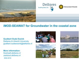 iMOD-SEAWAT for Groundwater in the coastal zone
Gualbert Oude Essink
Deltares & Utrecht University
gualbert.oudeessink@deltares.nl
More information:
freshsalt.deltares.nl
zoetzout.deltares.nl
DSD 2016
 