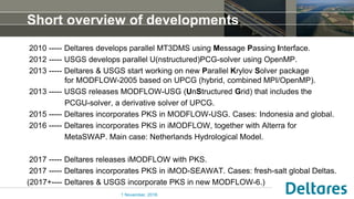Short overview of developments
2010 ----- Deltares develops parallel MT3DMS using Message Passing Interface.
2012 ----- USGS develops parallel U(nstructured)PCG-solver using OpenMP.
2013 ----- Deltares & USGS start working on new Parallel Krylov Solver package
for MODFLOW-2005 based on UPCG (hybrid, combined MPI/OpenMP).
2013 ----- USGS releases MODFLOW-USG (UnStructured Grid) that includes the
PCGU-solver, a derivative solver of UPCG.
2015 ----- Deltares incorporates PKS in MODFLOW-USG. Cases: Indonesia and global.
2016 ----- Deltares incorporates PKS in iMODFLOW, together with Alterra for
MetaSWAP. Main case: Netherlands Hydrological Model.
2017 ----- Deltares releases iMODFLOW with PKS.
2017 ----- Deltares incorporates PKS in iMOD-SEAWAT. Cases: fresh-salt global Deltas.
(2017+---- Deltares & USGS incorporate PKS in new MODFLOW-6.)
1 November, 2016
 