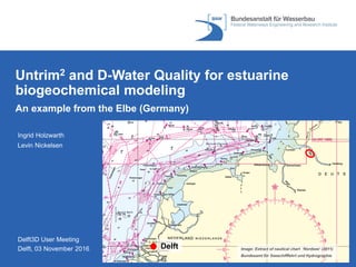 Delft3D User Meeting
Delft, 03 November 2016
Ingrid Holzwarth
Levin Nickelsen
Untrim2 and D-Water Quality for estuarine
biogeochemical modeling
An example from the Elbe (Germany)
Image: Extract of nautical chart ‘Nordsee‘ (2011)
Bundesamt für Seeschifffahrt und Hydrographie
Delft
 