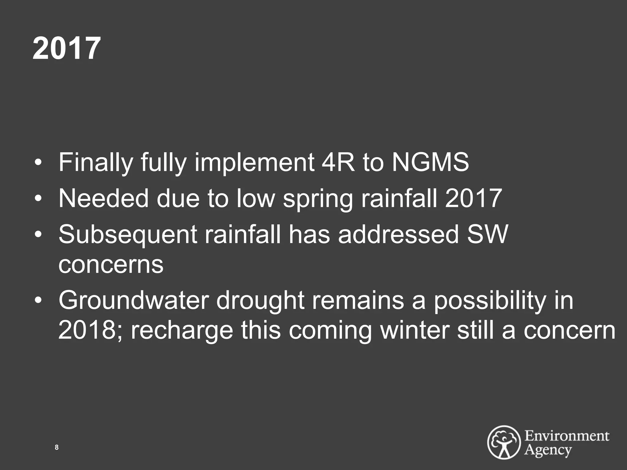 2017
• Finally fully implement 4R to NGMS
• Needed due to low spring rainfall 2017
• Subsequent rainfall has addressed SW
concerns
• Groundwater drought remains a possibility in
2018; recharge this coming winter still a concern
8
 