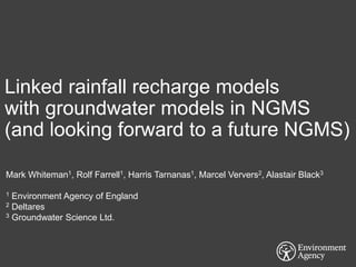 Linked rainfall recharge models
with groundwater models in NGMS
(and looking forward to a future NGMS)
Mark Whiteman1, Rolf Farrell1, Harris Tarnanas1, Marcel Ververs2, Alastair Black3
1 Environment Agency of England
2 Deltares
3 Groundwater Science Ltd.
 