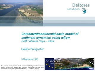 9 November 2018
Catchment/continental scale model of
sediment dynamics using wflow
Delft Software Days – wflow
Hélène Boisgontier
The research leading to these results has received funding from the European
Union’s Horizon 2020 research and innovation programme under the Marie
Sklodowska -Curie grant agreement No 643052 (CCASCADES project)
 