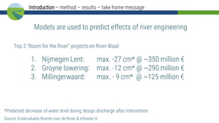 1. Nijmegen Lent: max. -27 cm* @ ~350 million €
2. Groyne lowering: max. -12 cm* @ ~290 million €
3. Millingerwaard: max. - 9 cm* @ ~125 million €
Top 3 “Room for the River” projects on River Waal:
Source: Eindevaluatie Ruimte voor de Rivier & infrasite.nl
Models are used to predict effects of river engineering
*Predicted decrease of water level during design discharge after intervention
Introduction – method – results – take home message
 
