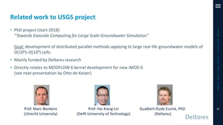 Related work to USGS project
iMODUserDay2019–DSD-INT2019
• PhD project (start 2018)
“Towards Exascale Computing for Large Scale Groundwater Simulation”
Goal: development of distributed parallel methods applying to large real-life groundwater models of
O(106)–O(109) cells.
• Mainly funded by Deltares research
• Directly relates to MODFLOW 6 kernel development for new iMOD 6
(see next presentation by Otto de Keizer)
Prof. Marc Bierkens
(Utrecht University)
Prof. Hai Xiang Lin
(Delft University of Technology)
Gualbert Oude Essink, PhD
(Deltares)
11
 