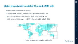 MODFLOW 6 model characteristics:
• Steady-state, 2 layers, subsurface down-scaled from 10km
• Unstructured DISU grid met only “land cells”, total 428M
• CHD for sea, RIV in layer 1 + DRN in layer 1 & 2 (HydroSHEDS)
Global groundwater model @ 1km and 428M cells
iMODUserDay2019–DSD-INT2019
Parallel pre-processing using 128 subdomains
14
 
