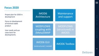 iMODUserDay–DSD-INT2019
11
Focus 2020
iMOD6
Architecture
Maintenance
and support
MODFLOW6
coupling with
(Meta)SWAP
MODFLOW6
(structured) in
iMOD5
iMOD6 GUI
(unstructured / nested)
iMOD6 Toolbox
Project plan for 2020 in
development
Focus on development
of minimal viable
product
User needs and use
cases basis for
developments
 