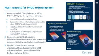 Main reasons for iMOD 6 development
1. Currently MODFLOW-2005 used in iMOD;
MODFLOW6 provides significant advances:
a. Improved (recoded) computational core
b. Support for multi-model simulations, so no need to
adapt MODFLOW code for use in iMOD
c. Added capabilities for nested and unstructured
modelling
d. Full integration of SEAWAT (fres-salt) and water
quality (MD3T) packages
2. Cooperation with USGS provides
opportunities for more robust and sustainable
enhancements (e.g. parallisation, model coupling)
3. Need to modernize and improve
maintainability and support of the iMOD
software in closer cooperation with the
Deltares Software Centre.
iMODUserDay–DSD-INT2019
3
 