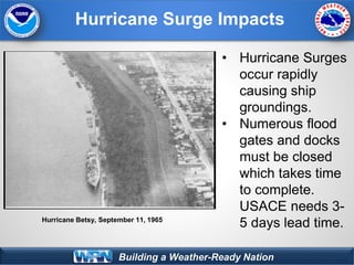 Building a Weather-Ready Nation
Hurricane Surge Impacts
• Hurricane Surges
occur rapidly
causing ship
groundings.
• Numero...