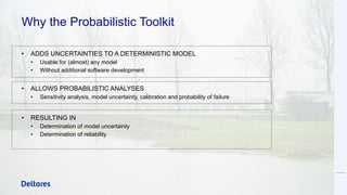 Why the Probabilistic Toolkit
• ADDS UNCERTAINTIES TO A DETERMINISTIC MODEL
• Usable for (almost) any model
• Without additional software development
• ALLOWS PROBABILISTIC ANALYSES
• Sensitivity analysis, model uncertainty, calibration and probability of failure
• RESULTING IN
• Determination of model uncertainty
• Determination of reliability
 