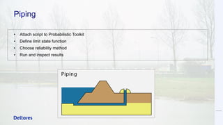 Piping
• Attach script to Probabilistic Toolkit
• Define limit state function
• Choose reliability method
• Run and inspect results
 