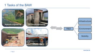 www.baw.de
|
1 Tasks of the BAW
Hydraulic engineering Structural engineering
Geotechnical
engineering
Shipbuilding
R&D
Inf...