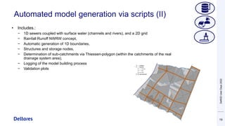 Automated model generation via scripts (II)
19
• Includes.:
− 1D sewers coupled with surface water (channels and rivers), ...