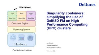 Adri Mourits
Yvonne Olij-Kenyon
Thanks to Mohamed Nabi
15 November 2022
Singularity containers:
simplifying the use of
Delft3D FM on High
Performance Computing
(HPC) clusters
 