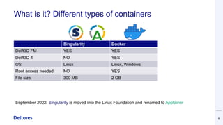 What is it? Different types of containers
Singularity Docker
Delft3D FM YES YES
Delft3D 4 NO YES
OS Linux Linux, Windows
R...