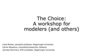 The Choice:
A workshop for
modelers (and others)
Lieke Melsen, assistant professor, Wageningen University
Carine Wesselius, consultant/researcher, Deltares
Janneke Remmers, PhD-candidate, Wageningen University
 