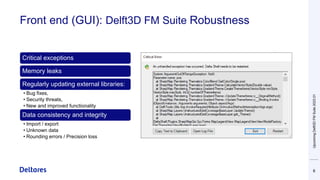 Front end (GUI): Delft3D FM Suite Robustness
Upcoming
Delft3D
FM
Suite
2023.01
6
Critical exceptions
Memory leaks
Regularl...