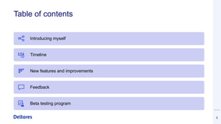 Table of contents
2
Introducing myself
Timeline
New features and improvements
Feedback
Beta testing program
 